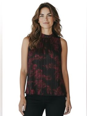 White House Black Market Black Sleeveless Pleated Blouse with Wine Floral